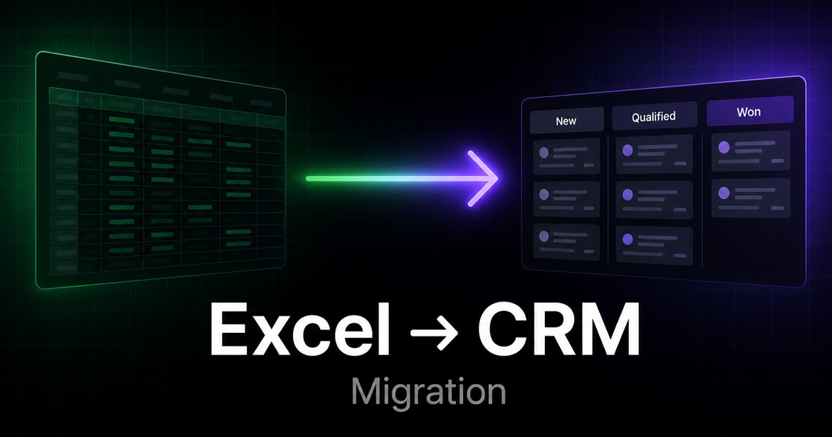 SaaSCRM Excel to CRM migration — spreadsheet arrow into a CRM pipeline