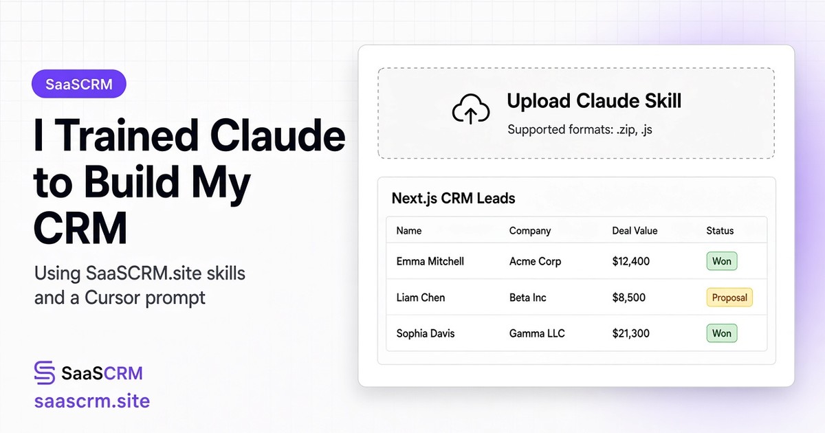 I trained Claude to build my CRM using SaaSCRM.site — light-theme banner for Claude skills and CRM prompt templates