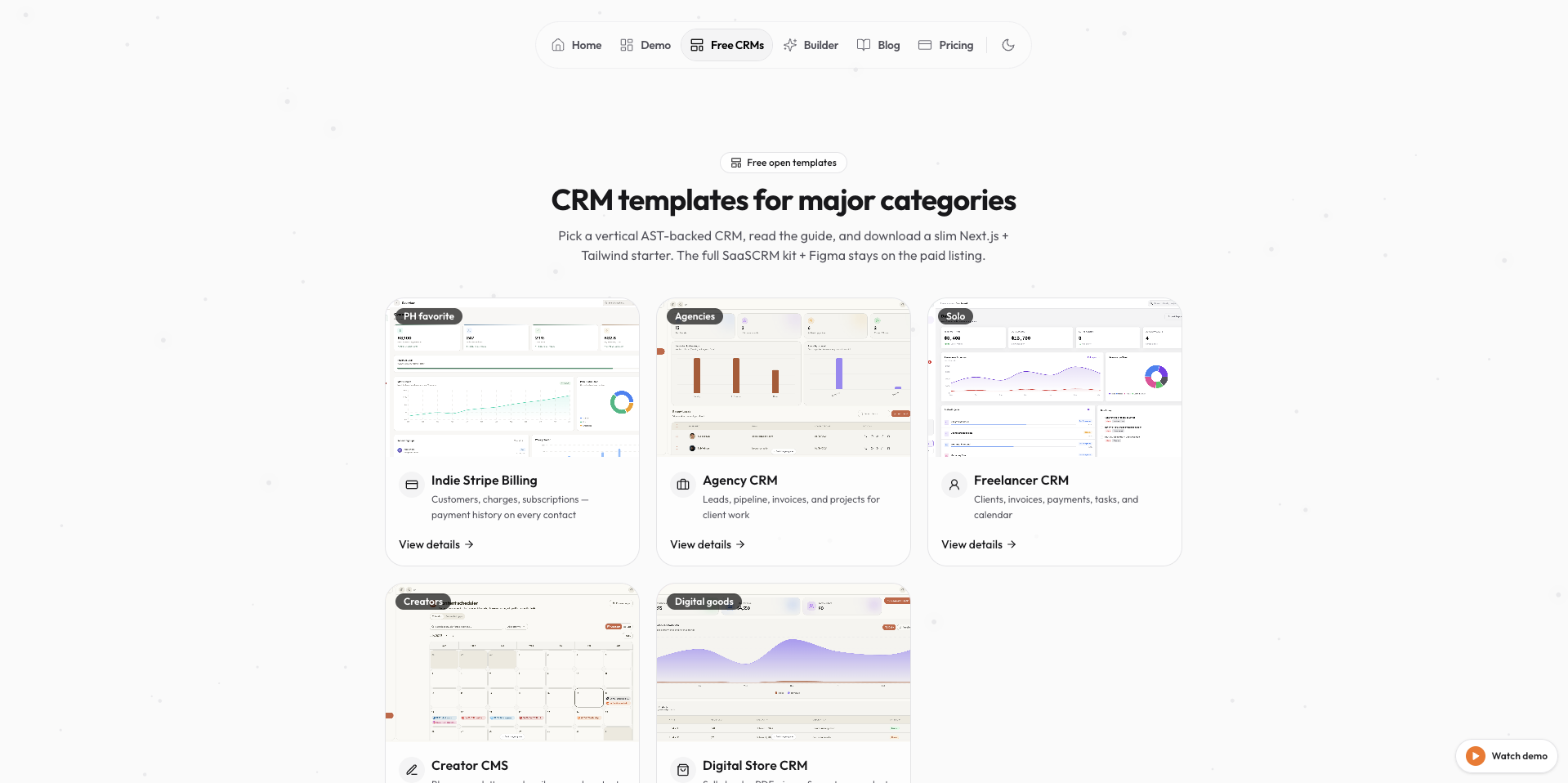 SaaSCRM free CRM templates grid — six Next.js vertical starters